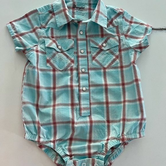Wrangler Other - Wrangler Turquoise and Brown Plaid Baby Romper